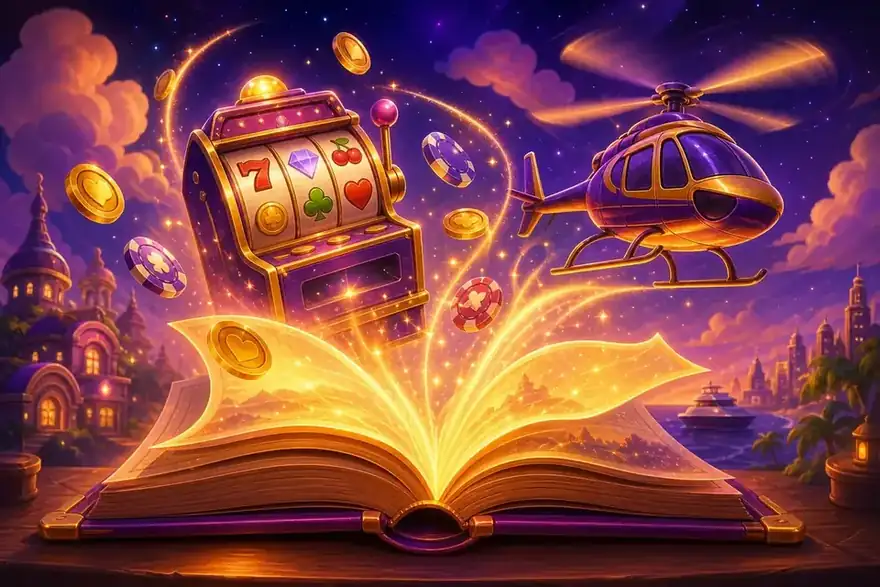 Whimsical storybook with slot symbols and helicopters floating from the pages