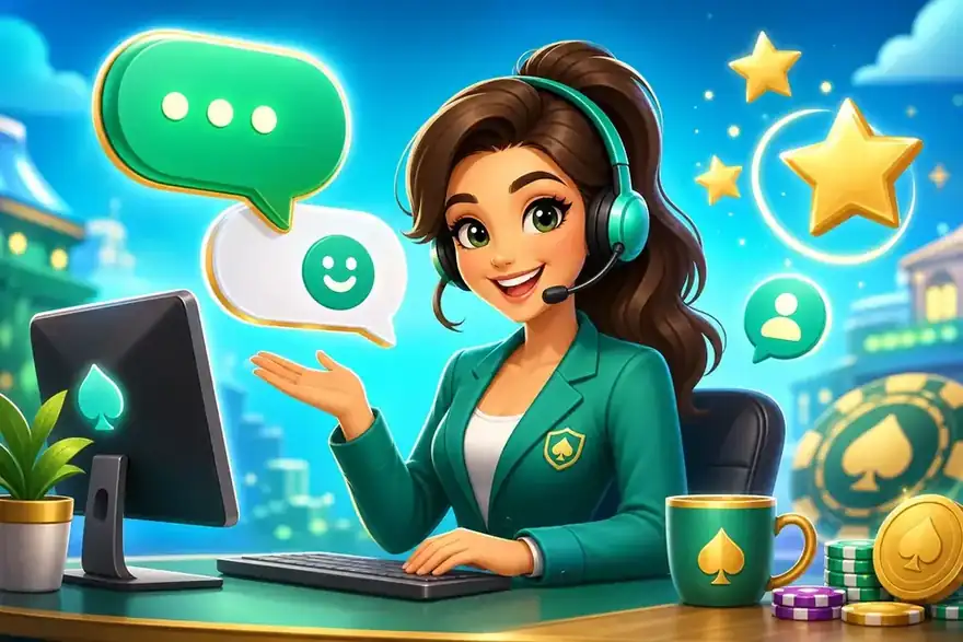 Friendly support agent with headset at a colourful help desk