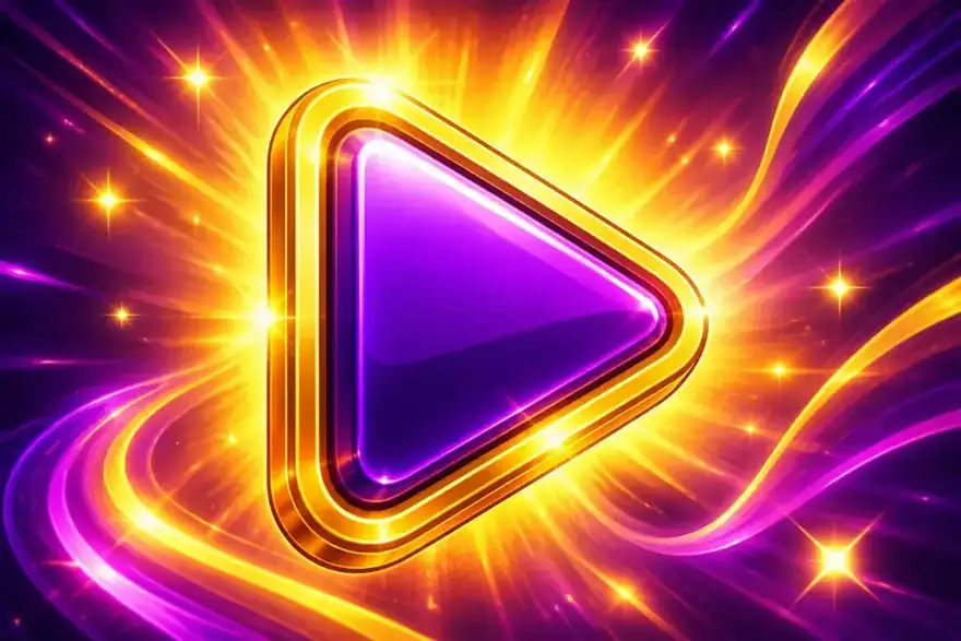 Bold play button bursting with purple and gold energy