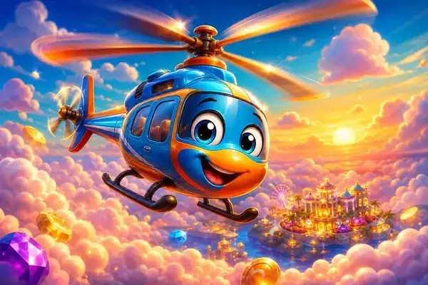 Helicopter soaring through stylised clouds